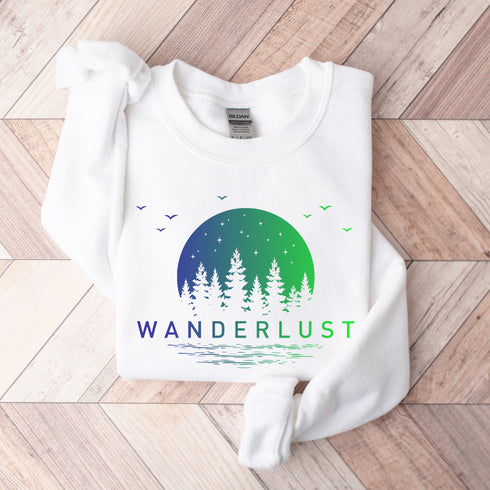This crewneck features a vibrant and colorful gradient nature scene that will transport you to the great outdoors every time you wear it. The word "Wanderlust" emblazoned across the front serves as a reminder of your passion for exploration and the call of the wild.